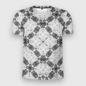 Мужская футболка 3D Slim с принтом Черно белый ажурный кружевной узор Геометрия в Санкт-Петербурге, 100% полиэстер с улучшенными характеристиками | приталенный силуэт, круглая горловина, широкие плечи, сужается к линии бедра | 