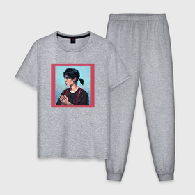 Мужская пижама хлопок с принтом Hyunjin   Стрей Кидс , 100% хлопок | брюки и футболка прямого кроя, без карманов, на брюках мягкая резинка на поясе и по низу штанин
 | Тематика изображения на принте: 
