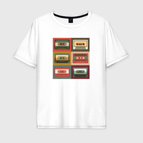 Мужская футболка хлопок Oversize с принтом Коллекция ретро аудиокассет в Курске, 100% хлопок | свободный крой, круглый ворот, “спинка” длиннее передней части | 