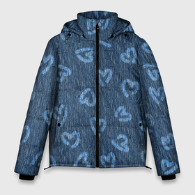 Мужская зимняя куртка 3D с принтом Hearts on denim в Петрозаводске, верх — 100% полиэстер; подкладка — 100% полиэстер; утеплитель — 100% полиэстер | длина ниже бедра, свободный силуэт Оверсайз. Есть воротник-стойка, отстегивающийся капюшон и ветрозащитная планка. 

Боковые карманы с листочкой на кнопках и внутренний карман на молнии. | Тематика изображения на принте: 