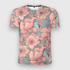 Мужская футболка 3D Slim с принтом Паттерн с бабочками и цветами в Екатеринбурге, 100% полиэстер с улучшенными характеристиками | приталенный силуэт, круглая горловина, широкие плечи, сужается к линии бедра | 