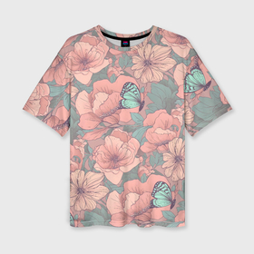 Женская футболка oversize 3D с принтом Паттерн с бабочками и цветами ,  |  | 