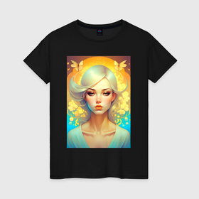 Женская футболка хлопок с принтом Портрет девушки в нежных цветах   нейросеть , 100% хлопок | прямой крой, круглый вырез горловины, длина до линии бедер, слегка спущенное плечо | 