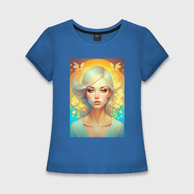 Женская футболка хлопок Slim с принтом Портрет девушки в нежных цветах   нейросеть ,  |  | 