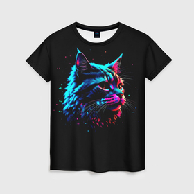 Женская футболка 3D с принтом Пушистый кот на чёрном в Петрозаводске, 100% полиэфир ( синтетическое хлопкоподобное полотно) | прямой крой, круглый вырез горловины, длина до линии бедер | Тематика изображения на принте: 
