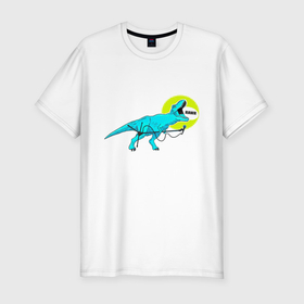 Мужская футболка хлопок Slim с принтом динозавр с микрофоном караоке в Белгороде, 92% хлопок, 8% лайкра | приталенный силуэт, круглый вырез ворота, длина до линии бедра, короткий рукав | 
