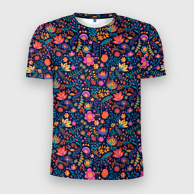 Мужская футболка 3D Slim с принтом Ночные  полевые цветы в Новосибирске, 100% полиэстер с улучшенными характеристиками | приталенный силуэт, круглая горловина, широкие плечи, сужается к линии бедра | 
