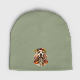 Мужская шапка демисезонная с принтом Американский кокер спаниель с венком из осенних листьев в Курске,  |  | Тематика изображения на принте: 