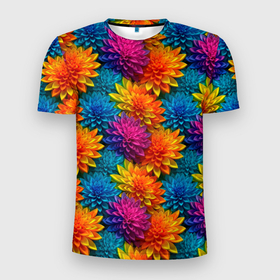 Мужская футболка 3D Slim с принтом Полевые крупные цветы в Тюмени, 100% полиэстер с улучшенными характеристиками | приталенный силуэт, круглая горловина, широкие плечи, сужается к линии бедра | 