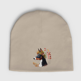 Мужская шапка демисезонная с принтом Басенджи триколор с венком из осенних листьев в Курске,  |  | Тематика изображения на принте: 