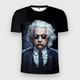 Мужская футболка 3D Slim с принтом Альберт Эйнштейн в черных очках и смокинге в Белгороде, 100% полиэстер с улучшенными характеристиками | приталенный силуэт, круглая горловина, широкие плечи, сужается к линии бедра | Тематика изображения на принте: 
