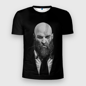 Мужская футболка 3D Slim с принтом Кратос в смокинге в Кировске, 100% полиэстер с улучшенными характеристиками | приталенный силуэт, круглая горловина, широкие плечи, сужается к линии бедра | 