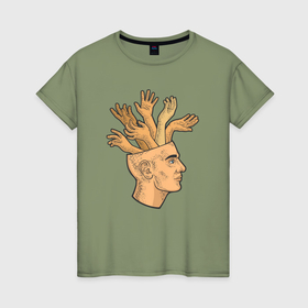 Женская футболка хлопок с принтом Руки из головы в Курске, 100% хлопок | прямой крой, круглый вырез горловины, длина до линии бедер, слегка спущенное плечо | 