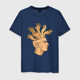 Мужская футболка хлопок с принтом Руки из головы в Екатеринбурге, 100% хлопок | прямой крой, круглый вырез горловины, длина до линии бедер, слегка спущенное плечо. | 