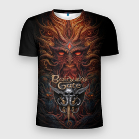 Мужская футболка 3D Slim с принтом Baldurs Gate 3 logo     demon в Екатеринбурге, 100% полиэстер с улучшенными характеристиками | приталенный силуэт, круглая горловина, широкие плечи, сужается к линии бедра | Тематика изображения на принте: 