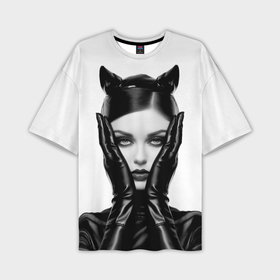 Мужская футболка oversize 3D с принтом Женщина как кошка в латексе в Петрозаводске,  |  | Тематика изображения на принте: 