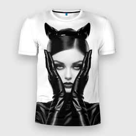 Мужская футболка 3D Slim с принтом Женщина как кошка в латексе в Курске, 100% полиэстер с улучшенными характеристиками | приталенный силуэт, круглая горловина, широкие плечи, сужается к линии бедра | 