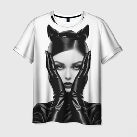 Мужская футболка 3D с принтом Женщина как кошка в латексе , 100% полиэфир | прямой крой, круглый вырез горловины, длина до линии бедер | 