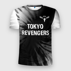 Мужская футболка 3D Slim с принтом Tokyo Revengers glitch на темном фоне: символ сверху в Тюмени, 100% полиэстер с улучшенными характеристиками | приталенный силуэт, круглая горловина, широкие плечи, сужается к линии бедра | Тематика изображения на принте: 