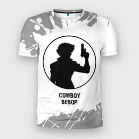 Мужская футболка 3D Slim с принтом Cowboy Bebop glitch на светлом фоне в Белгороде, 100% полиэстер с улучшенными характеристиками | приталенный силуэт, круглая горловина, широкие плечи, сужается к линии бедра | 