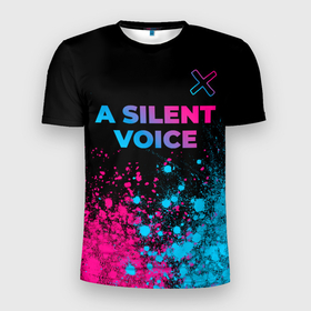 Мужская футболка 3D Slim с принтом A Silent Voice   neon gradient: символ сверху в Петрозаводске, 100% полиэстер с улучшенными характеристиками | приталенный силуэт, круглая горловина, широкие плечи, сужается к линии бедра | 