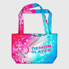 Пляжная сумка 3D с принтом Demon Slayer neon gradient style: надпись и символ в Санкт-Петербурге, 100% полиэстер | застегивается на металлическую кнопку; внутренний карман застегивается на молнию. Стенки укреплены специальным мягким материалом, чтобы защитить содержимое от несильных ударов
 | 