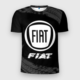 Мужская футболка 3D Slim с принтом Fiat speed на темном фоне со следами шин в Тюмени, 100% полиэстер с улучшенными характеристиками | приталенный силуэт, круглая горловина, широкие плечи, сужается к линии бедра | 