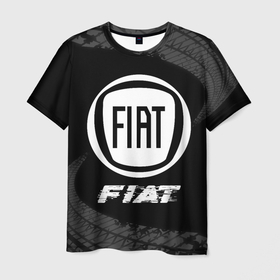 Мужская футболка 3D с принтом Fiat speed на темном фоне со следами шин в Курске, 100% полиэфир | прямой крой, круглый вырез горловины, длина до линии бедер | Тематика изображения на принте: 