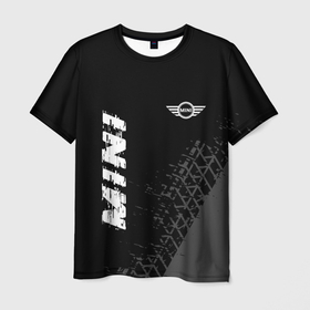 Мужская футболка 3D с принтом Mini speed на темном фоне со следами шин: надпись, символ в Кировске, 100% полиэфир | прямой крой, круглый вырез горловины, длина до линии бедер | 
