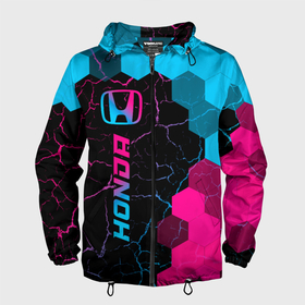 Мужская ветровка 3D с принтом Honda   neon gradient: по вертикали в Санкт-Петербурге, 100% полиэстер | подол и капюшон оформлены резинкой с фиксаторами, два кармана без застежек по бокам, один потайной карман на груди | Тематика изображения на принте: 