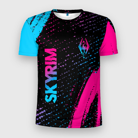 Мужская футболка 3D Slim с принтом Skyrim   neon gradient: надпись, символ в Екатеринбурге, 100% полиэстер с улучшенными характеристиками | приталенный силуэт, круглая горловина, широкие плечи, сужается к линии бедра | Тематика изображения на принте: 