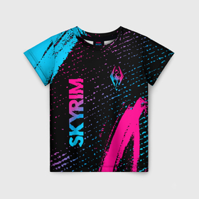 Детская футболка 3D с принтом Skyrim   neon gradient: надпись, символ в Белгороде, 100% гипоаллергенный полиэфир | прямой крой, круглый вырез горловины, длина до линии бедер, чуть спущенное плечо, ткань немного тянется | 