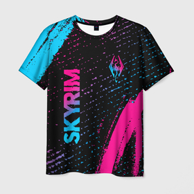 Мужская футболка 3D с принтом Skyrim   neon gradient: надпись, символ в Тюмени, 100% полиэфир | прямой крой, круглый вырез горловины, длина до линии бедер | 