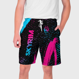 Мужские шорты 3D с принтом Skyrim   neon gradient: надпись, символ в Кировске,  полиэстер 100% | прямой крой, два кармана без застежек по бокам. Мягкая трикотажная резинка на поясе, внутри которой широкие завязки. Длина чуть выше колен | 