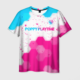 Мужская футболка 3D с принтом Poppy Playtime neon gradient style: символ сверху , 100% полиэфир | прямой крой, круглый вырез горловины, длина до линии бедер | Тематика изображения на принте: 