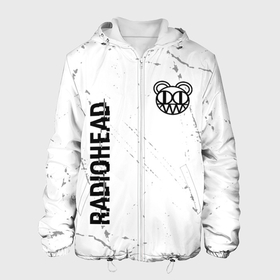 Мужская куртка 3D с принтом Radiohead glitch на светлом фоне: надпись, символ в Екатеринбурге, ткань верха — 100% полиэстер, подклад — флис | прямой крой, подол и капюшон оформлены резинкой с фиксаторами, два кармана без застежек по бокам, один большой потайной карман на груди. Карман на груди застегивается на липучку | 