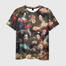 Мужская футболка 3D с принтом Гейша в цветах в Екатеринбурге, 100% полиэфир | прямой крой, круглый вырез горловины, длина до линии бедер | 