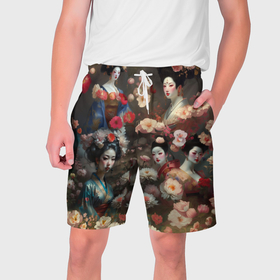 Мужские шорты 3D с принтом Гейша в цветах в Санкт-Петербурге,  полиэстер 100% | прямой крой, два кармана без застежек по бокам. Мягкая трикотажная резинка на поясе, внутри которой широкие завязки. Длина чуть выше колен | 