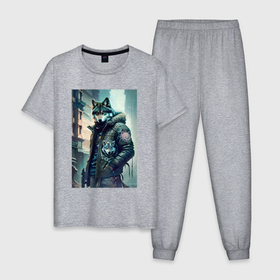 Мужская пижама хлопок с принтом Cool wolf   cyberpunk в Тюмени, 100% хлопок | брюки и футболка прямого кроя, без карманов, на брюках мягкая резинка на поясе и по низу штанин
 | Тематика изображения на принте: 