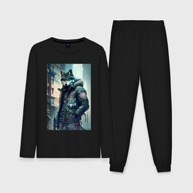 Мужская пижама с лонгсливом хлопок с принтом Cool wolf   cyberpunk в Тюмени,  |  | Тематика изображения на принте: 