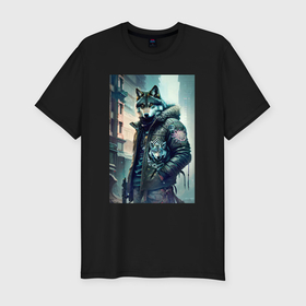 Мужская футболка хлопок Slim с принтом Cool wolf   cyberpunk в Тюмени, 92% хлопок, 8% лайкра | приталенный силуэт, круглый вырез ворота, длина до линии бедра, короткий рукав | Тематика изображения на принте: 