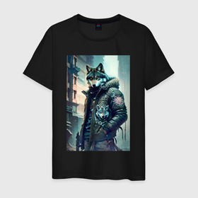 Мужская футболка хлопок с принтом Cool wolf   cyberpunk в Тюмени, 100% хлопок | прямой крой, круглый вырез горловины, длина до линии бедер, слегка спущенное плечо. | Тематика изображения на принте: 