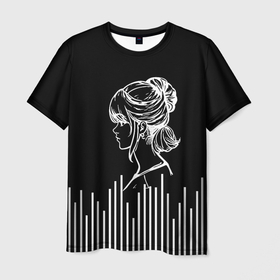 Мужская футболка 3D с принтом Девушка белым контуром и линии в Петрозаводске, 100% полиэфир | прямой крой, круглый вырез горловины, длина до линии бедер | 