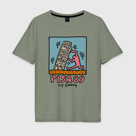 Мужская футболка хлопок Oversize с принтом Поп арт Кит Харинг   Пизанская башня , 100% хлопок | свободный крой, круглый ворот, “спинка” длиннее передней части | 