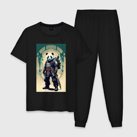 Мужская пижама хлопок с принтом Панда   самурай   Киберпанк в Петрозаводске, 100% хлопок | брюки и футболка прямого кроя, без карманов, на брюках мягкая резинка на поясе и по низу штанин
 | 