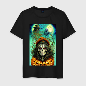 Мужская футболка хлопок с принтом Череп ведьмы   хэллоуин в Екатеринбурге, 100% хлопок | прямой крой, круглый вырез горловины, длина до линии бедер, слегка спущенное плечо. | 