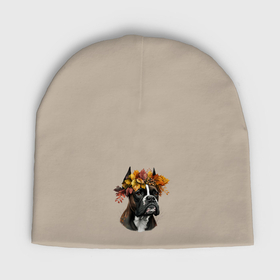 Мужская шапка демисезонная с принтом Немецкий боксёр тигровый с венком из осенних листьев в Курске,  |  | Тематика изображения на принте: 