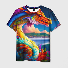Мужская футболка 3D с принтом Цветной дракон , 100% полиэфир | прямой крой, круглый вырез горловины, длина до линии бедер | Тематика изображения на принте: 