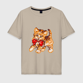 Мужская футболка хлопок Oversize с принтом милый котенок с бантом вышивка в Петрозаводске, 100% хлопок | свободный крой, круглый ворот, “спинка” длиннее передней части | Тематика изображения на принте: 