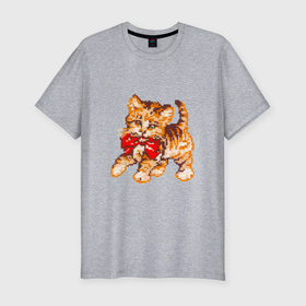 Мужская футболка хлопок Slim с принтом милый котенок с бантом вышивка в Новосибирске, 92% хлопок, 8% лайкра | приталенный силуэт, круглый вырез ворота, длина до линии бедра, короткий рукав | 
